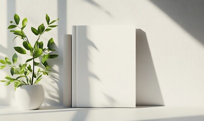 Minimalist Scene With Book Plant And Sunlight