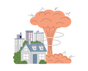 Nuclear explosion in city. Radioactive mushroom cloud. Atomic bomb. Cartoon burning city. War concept. Apocalypse. Hydrogen weapons. Flat vector illustration isolated on white background.