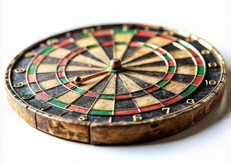 Obraz premium Vintage Dartboard Isolated on White Background with Tilt-Shift Photography Technique, Highlighting the Unique Texture and Colors of the Target for Creative Projects and Designs