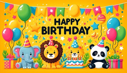 Happy Birthday Card with Cute Animals and Party Decorations, Happy birthday card with animals