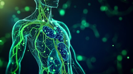 An abstract illustration of the human lymphatic system with highlighted lymph nodes and vessels in vivid colors against a dark background, macro shot, Minimalist style