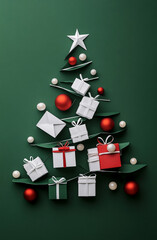 Creative arrangement of gift boxes and ornaments resembling a Christmas tree on a green background