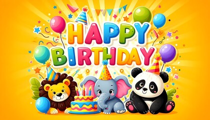Happy Birthday Card with Cute Animals and Cake