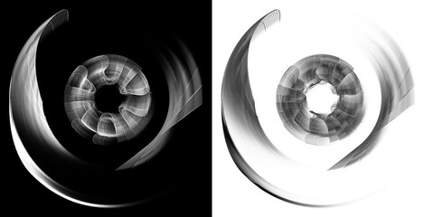 Set of monochrome abstract propellers on white and black backgrounds. Icon, logo, symbol, sign. 3D rendering. 3D illustration.