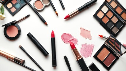 Architectural Photography of Beauty Tools on Shiny White Surface for Makeup-Themed Image with Copy Space