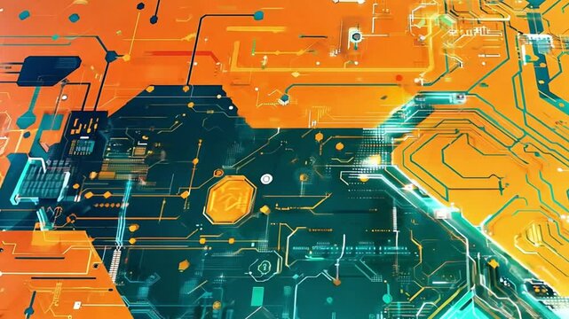 Abstract digital illustration with orange and green color scheme and various geometric shapes, lines, and symbols