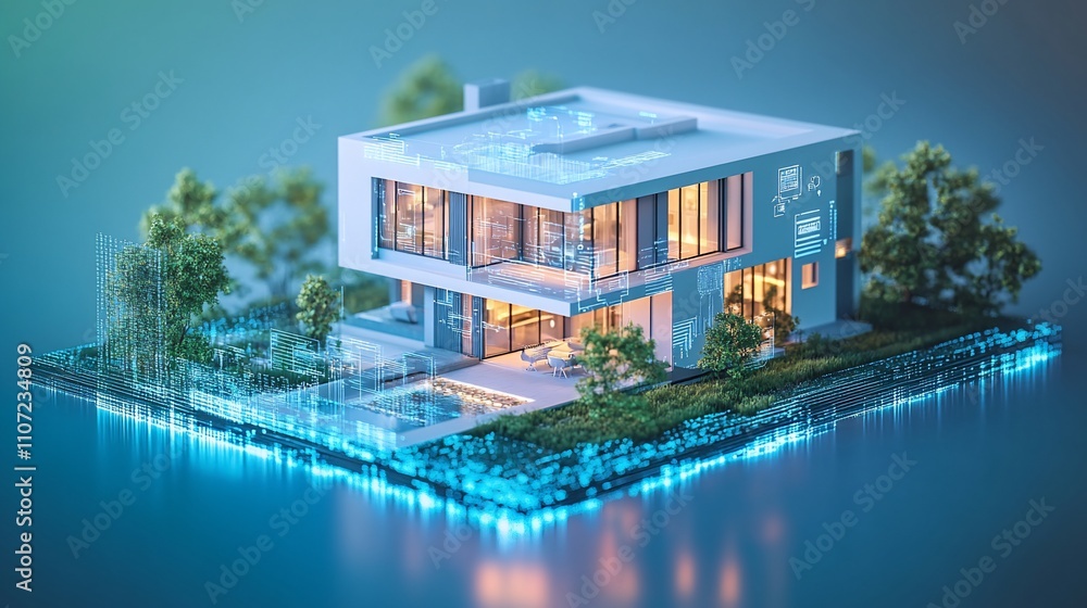Poster Modern architectural design with illuminated features and greenery.