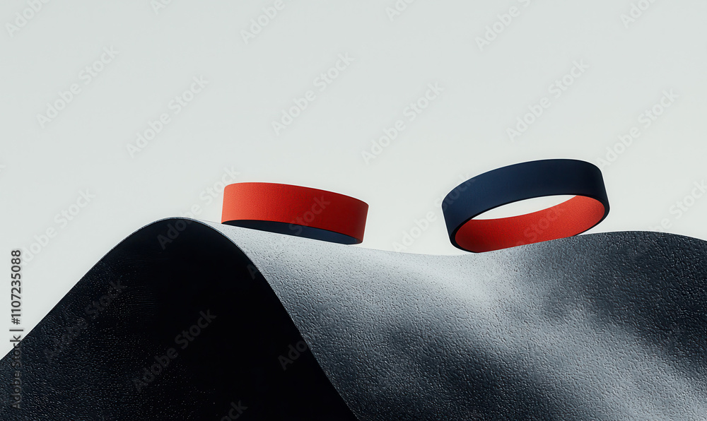 Poster exploring minimalist design through abstract forms and curved geometric contrasts in modern art