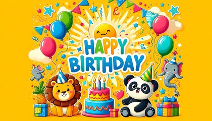 Colorful Birthday Card with Animals and Cake