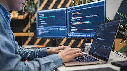 Programmer working on their professional development, typing on a laptop keyboard with coding language user interface visible on the screens, showcasing software development and coding in a focused