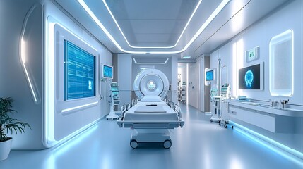 Modern hospital room with advanced medical equipment and bright lighting.