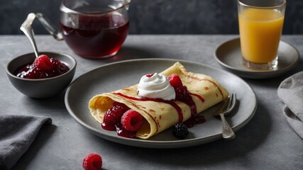 French breakfast with crepes sour cream and jam