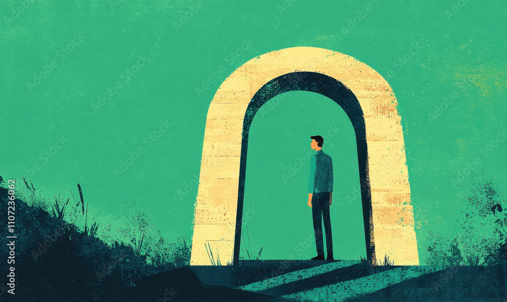Aufkleber exploring solitude through the symbolic journey of a lone figure passing through an archway in a vas