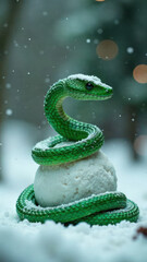 Fototapeta premium Snowman with a green snake head against the background of snowy nature. Winter snowball fight concept. Symbol of the new year according to the eastern calendar. Fairytale character. New Year's card