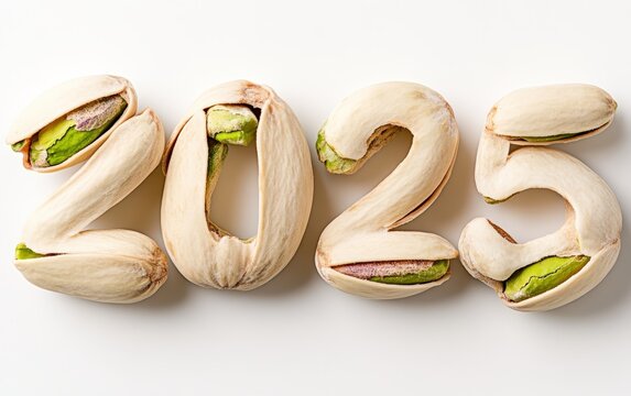 2025 Made of Pistachios  Numbers styled with opened pistachios, their green kernels contrasting against the shells. Nutty and attractive, white background.