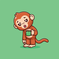 Cute Cartoon Tired Monkey Holding a Cup of Drink Vector Icon Illustration. Animal Drink Icon Concept Isolated Premium Vector. Animals Cartoon Style