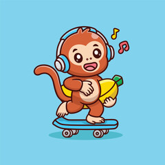 Cute Cartoon Monkey Playing Skateboard With Bananas Listening to the Song Melody Henset Vector Icon Illustration. Animal Sport Icon Concept Isolated 