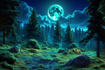 Crystal Forest: Moonlit Glow in a Mystical Landscape