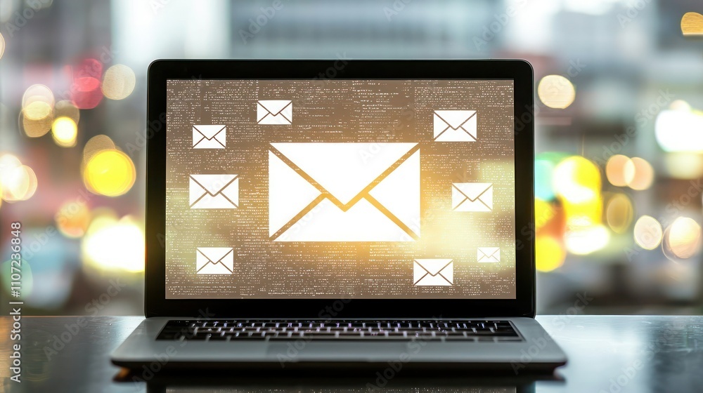 Poster email layout on laptop screen: a modern email newsletter layout displayed on a laptop screen, with c
