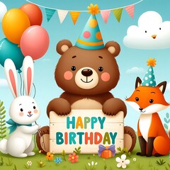 Fototapeta premium Cute Animals Birthday Card with Balloons and Banner