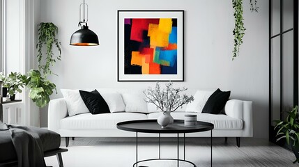 Modern living room with boho Scandinavian charm, sleek white couch, minimalist black table, and a bold art poster on a plain white wall