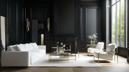 Modern living room with Art Deco and French country charm, white sofa and chairs, bold black wall, sleek fireplace, and elegant decor