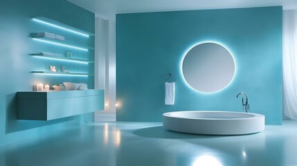 Modern minimalist bathroom, circular backlit mirror, floating vanity, soft teal walls, sleek shelving, and clean contemporary decor