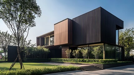 Obraz premium Modern minimalist cubic villa, wooden cladding, sleek black panel walls, landscaped front yard, and contemporary architectural design