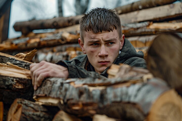 Fototapeta premium Generative AI image of a handsome virile bearded woodcutter at work in a traditional woodworking workshop