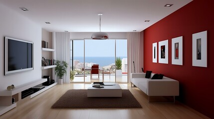 Fototapeta premium Modern minimalist living room, bold red accent wall, simple door design, sleek furniture, and neutral decor for balance