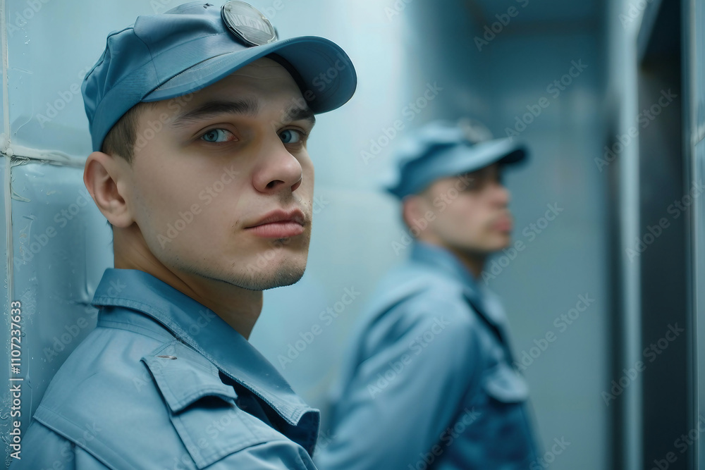 Poster security officer works on computer in police monitoring center with cctv cameras generative ai