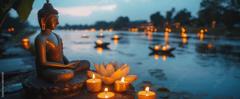 Poster serene buddha statue by a tranquil river with floating candles.