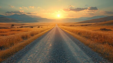 Naklejka premium Sunset over a long, empty gravel road leading to mountains.