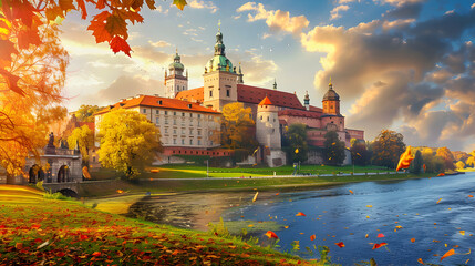 Beautiful Baszta Sandomierska Tower at Wawel with Panoramic Background
