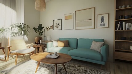 Modern Scandinavian living room, minimalist design, turquoise sofa, lounge chair, rustic coffee table, and neutral decor