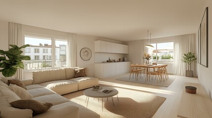 Modern Scandinavian apartment interior, living room with a soft beige couch, sleek dining area, and a bright, open layout with simple decor