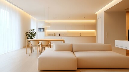 Fototapeta premium Modern Scandinavian apartment interior, living room with a soft beige couch, sleek dining area, and a bright, open layout with simple decor