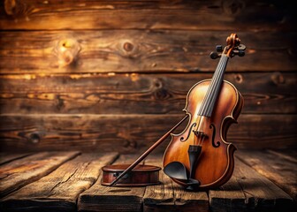 Fototapeta premium Vintage Old Violin with Bow on Rustic Wooden Table - Perfect for Music Lovers, Art Projects, and Historical Themes - Capture the Beauty of Timeless Musical Instruments