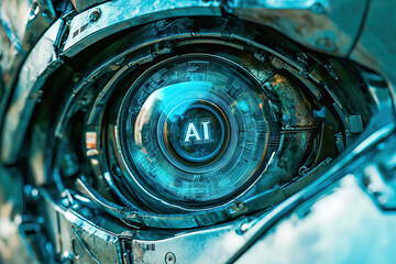 Close-up of a bionic eye with the letters AI written on the iris