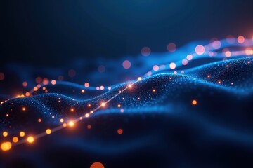 Obraz premium Abstract blue waves with glowing orange lights - futuristic digital landscape and technology concept.