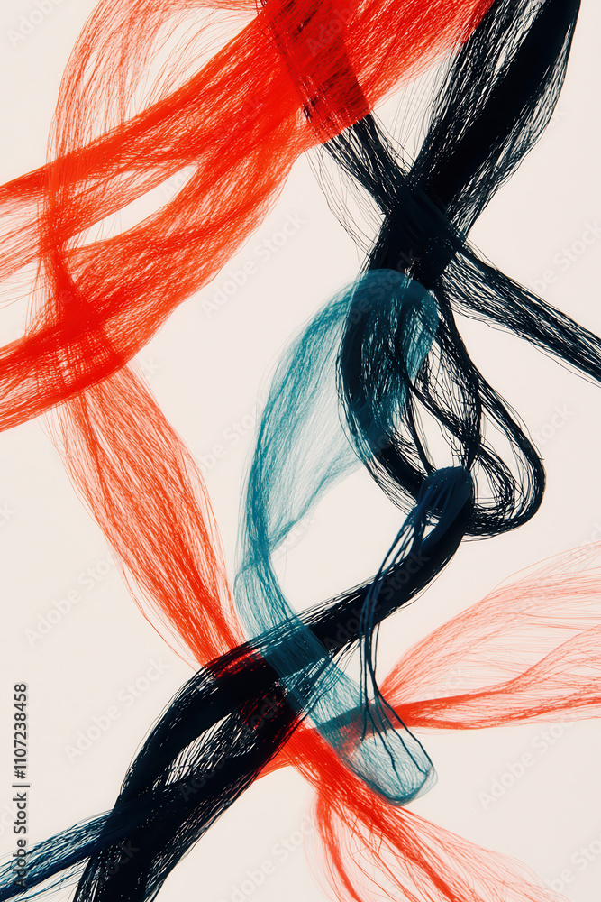 Poster dynamic abstract art with vibrant flowing colors in a mesmerizing interwoven pattern of red and blue