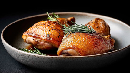 Close-up of roasted chicken thighs garnished with fresh rosemary on a ceramic plate against a dark background