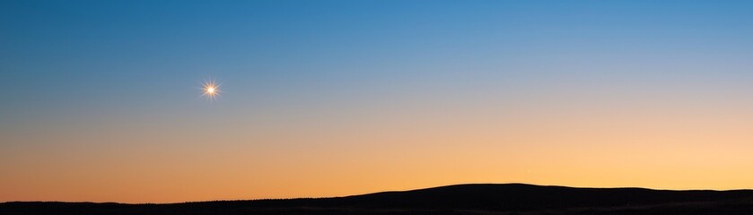 Light and Simplicity Captured in a Twinkle of Elegance, Serene sunset landscape with a clear sky transitioning from blue to orange, featuring a small moon above the horizon.