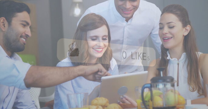 Image of likes growing number over diverse colleagues using tablet