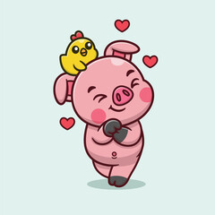 Cute Cartoon Pig With Chicks Vector Icon Illustration. Animal Nature Icon Concept Isolated Premium Vector. Nature Cartoon Style.