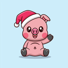Cute Cartoon Cute Pig Wearing Winter Hat Waving Hands Vector Icon Illustration. Animal Holiday Icon Concept Isolated Premium Vector. Animals Cartoon Style