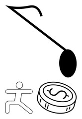 Running stick figure beside dollar coin and musical note. Ideal for fitness, finance, creativity, health, exercise music education themes. Line metaphor. Line metaphor. Simple line icons