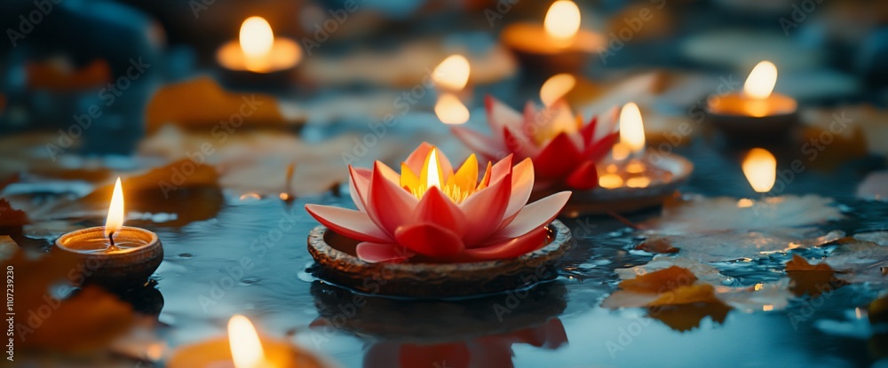 Poster tranquil scene with floating lotus flowers and candles in water.