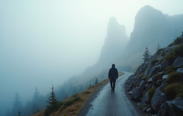 Misty mountain pass in the early morning