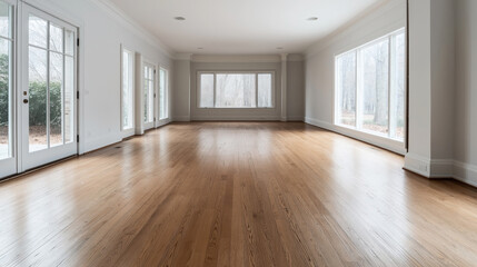 Obraz premium Spacious empty room with large windows and wooden floor, abundant natural light and scenic outdoor view